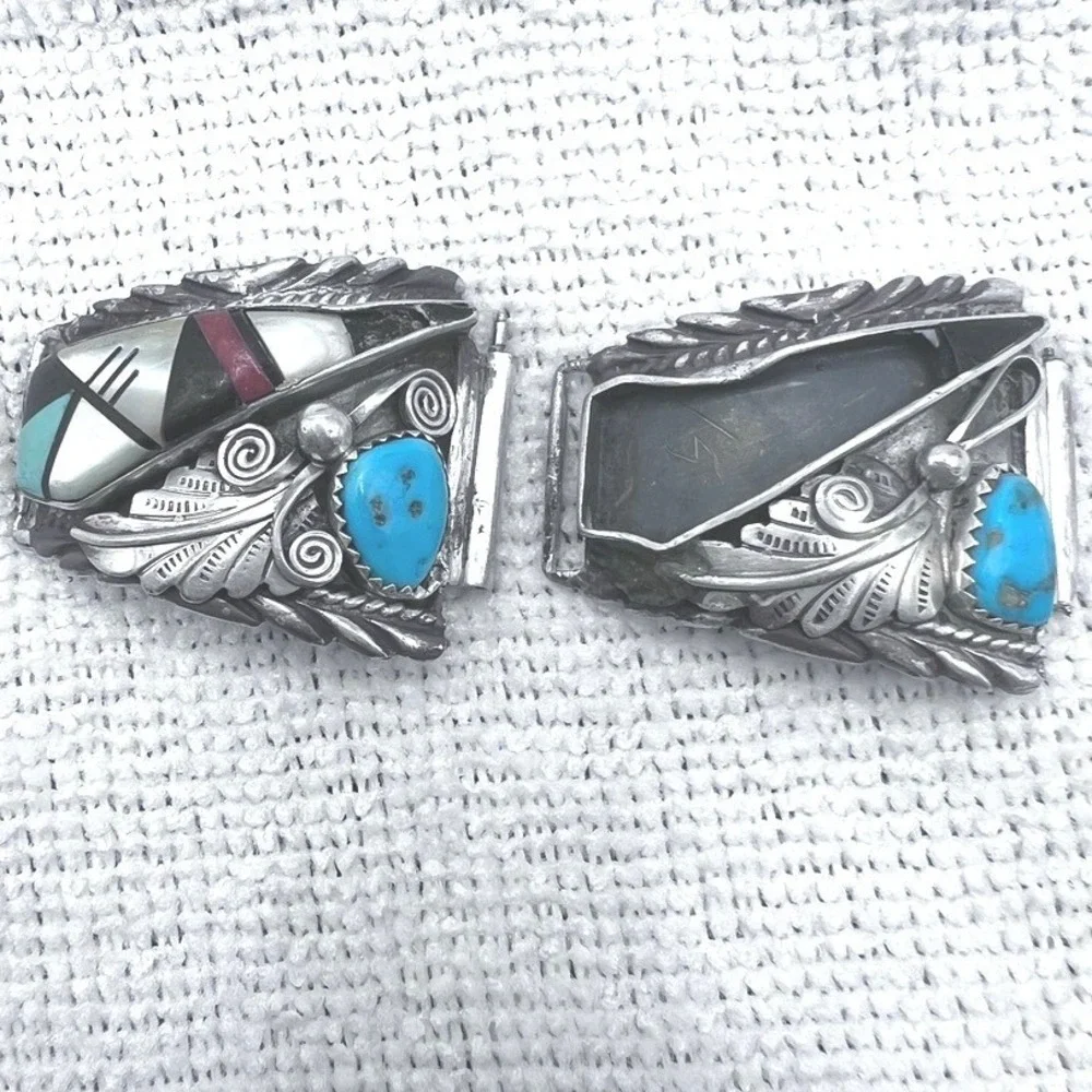 Sterling Silver Watch Tips Ornate Inlaid Stones Southwestern Large 24g SEE Picts
